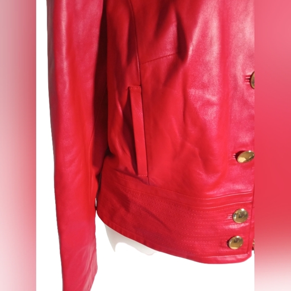 Carlisle Red Genuine Leather Jacket Gold Button Zip Front Classic Blazer Sz 8 - Picture 5 of 6